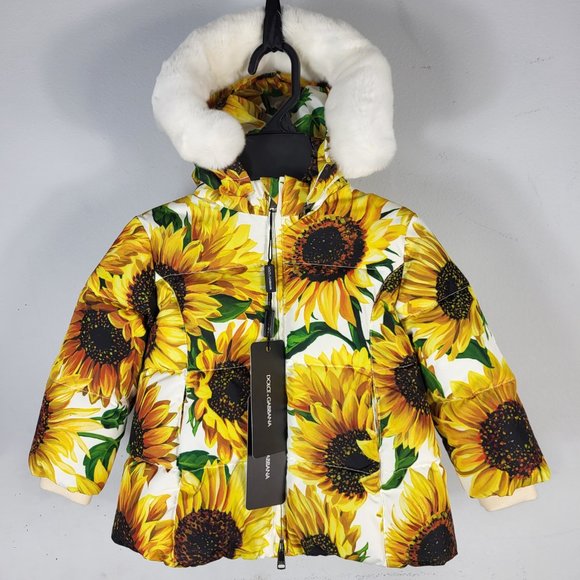 NWT~$600~DOLCE & GABBANA~6-9M~YELLOW QUILTED DOWN REAL FUR SUNFLOWER COAT JACKET
